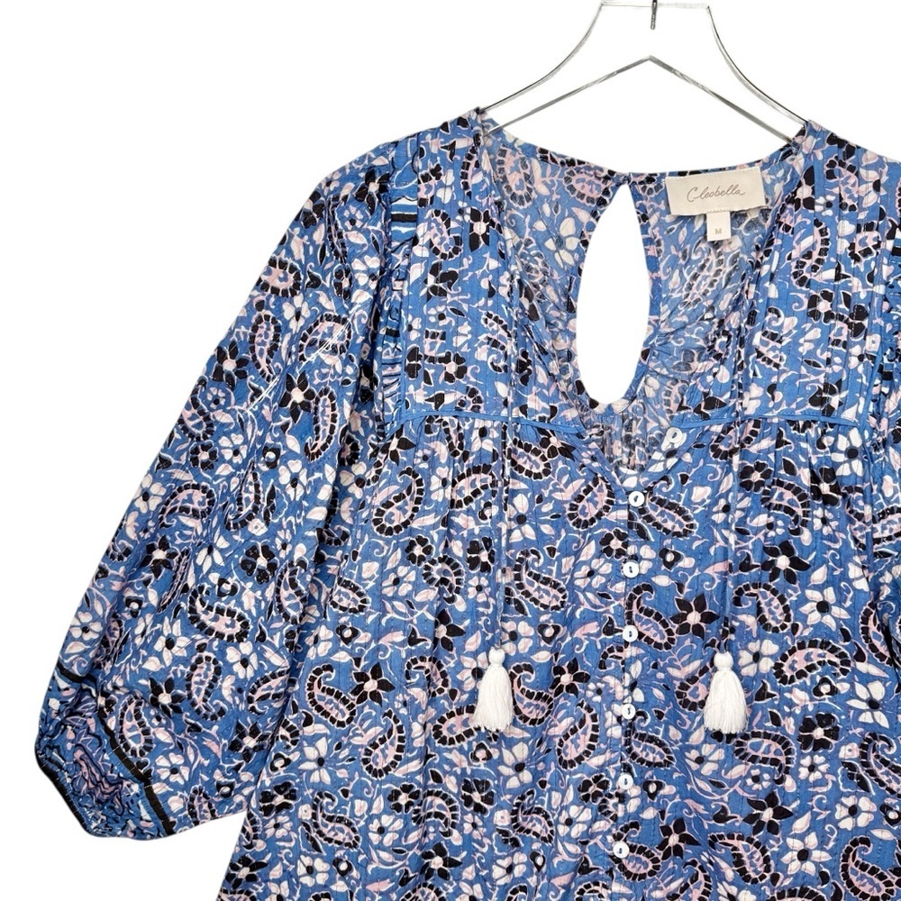 Cleobella Cora Cotton Blue Paisley Aline Full Women’s Bohemian Tassel Dress Sz M - Picture 5 of 12